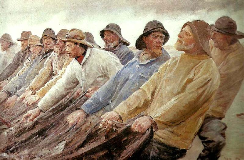 Michael Ancher fiskere trakker vod ved skagen oil painting image